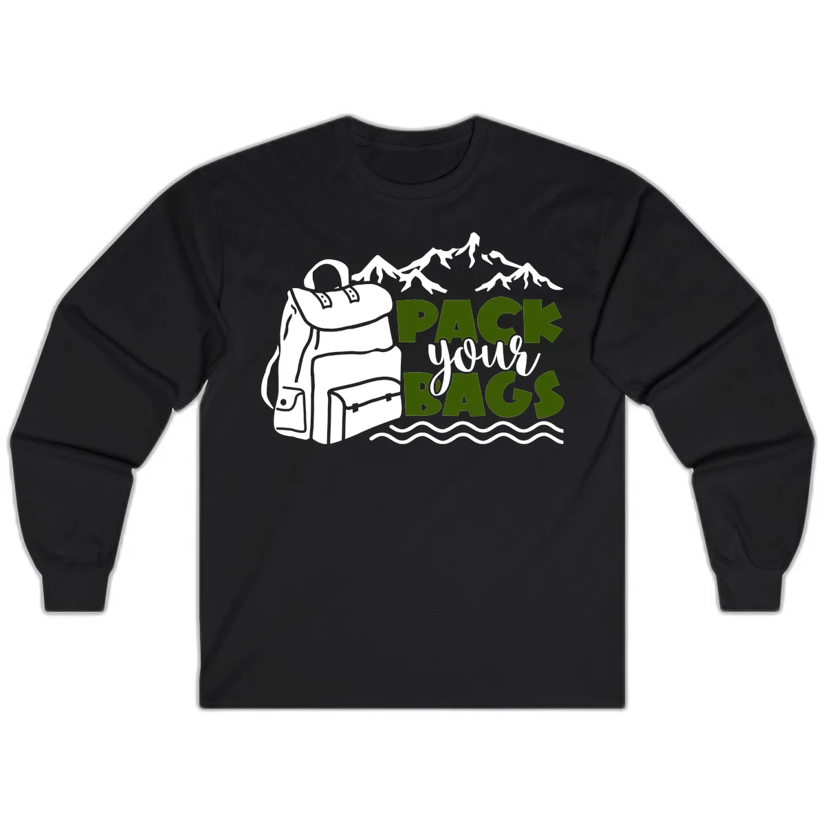 Hand-drawn backpack with snow-capped mountains and waves, green and white text reading 'Pack Your Bags' - camping adventure illustration in Black