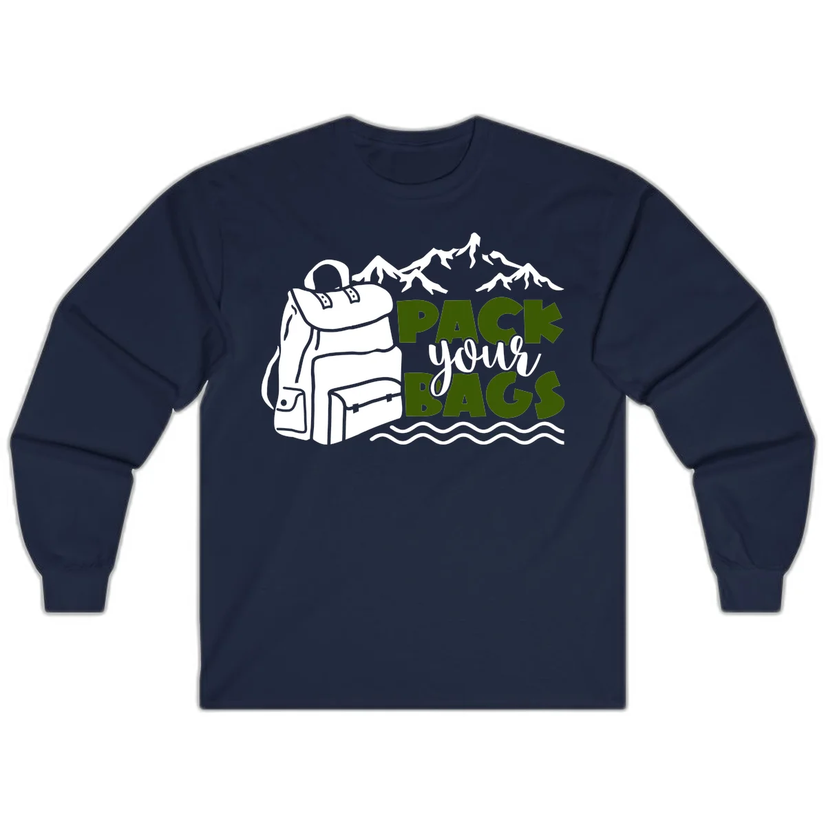 Hand-drawn backpack with snow-capped mountains and waves, green and white text reading 'Pack Your Bags' - camping adventure illustration in Navy