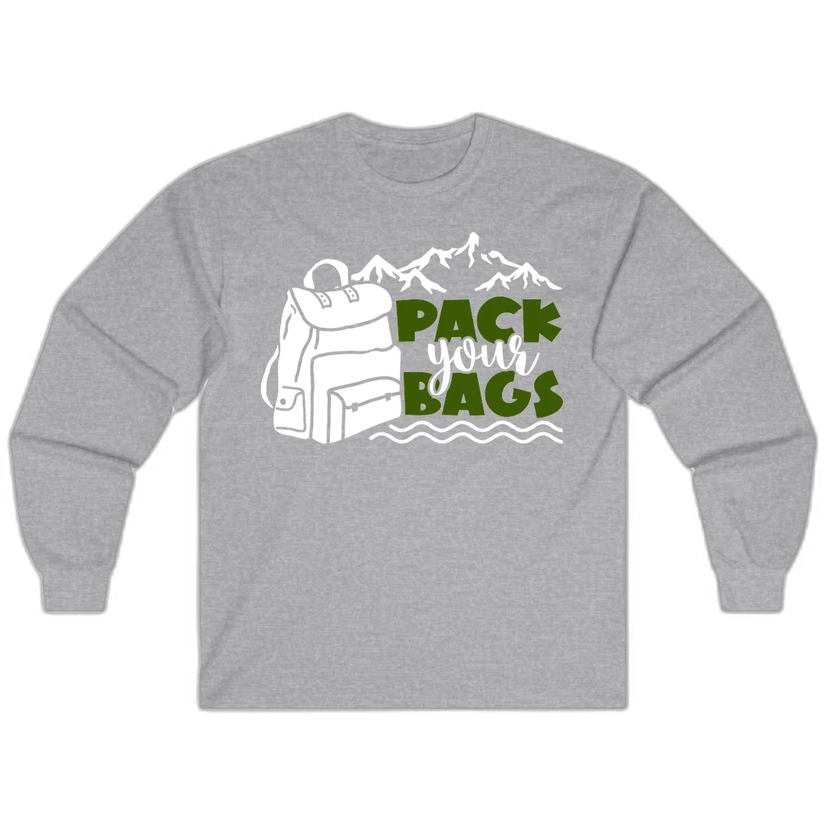 Hand-drawn backpack with snow-capped mountains and waves, green and white text reading 'Pack Your Bags' - camping adventure illustration in Sport Grey