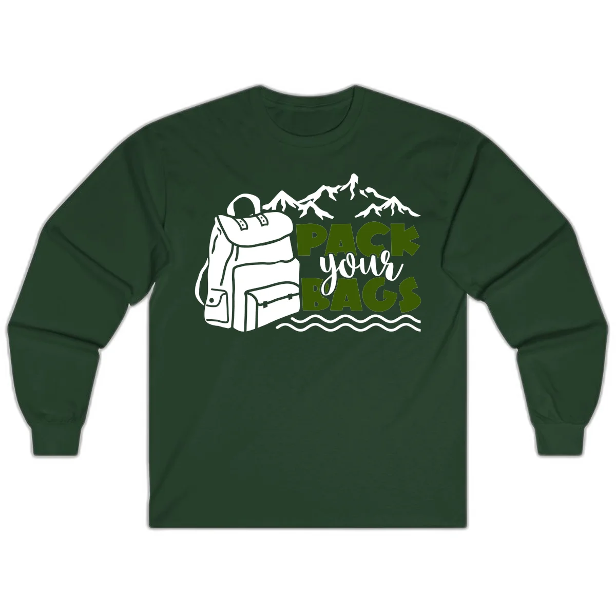 Hand-drawn backpack with snow-capped mountains and waves, green and white text reading 'Pack Your Bags' - camping adventure illustration in Forest Green