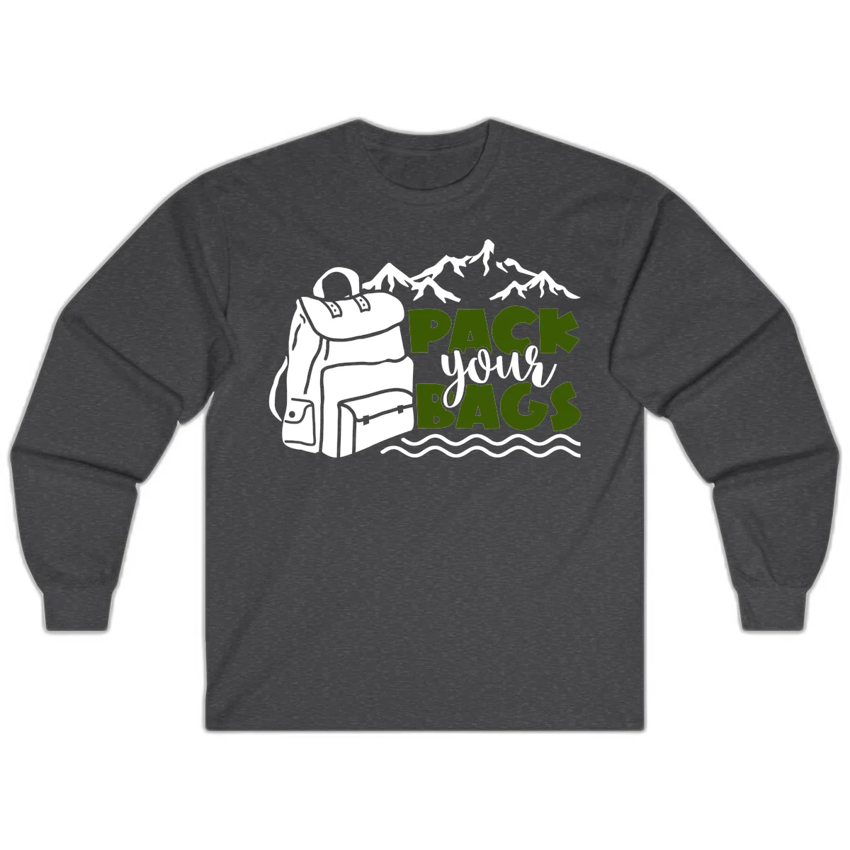 Hand-drawn backpack with snow-capped mountains and waves, green and white text reading 'Pack Your Bags' - camping adventure illustration in Dark Heather