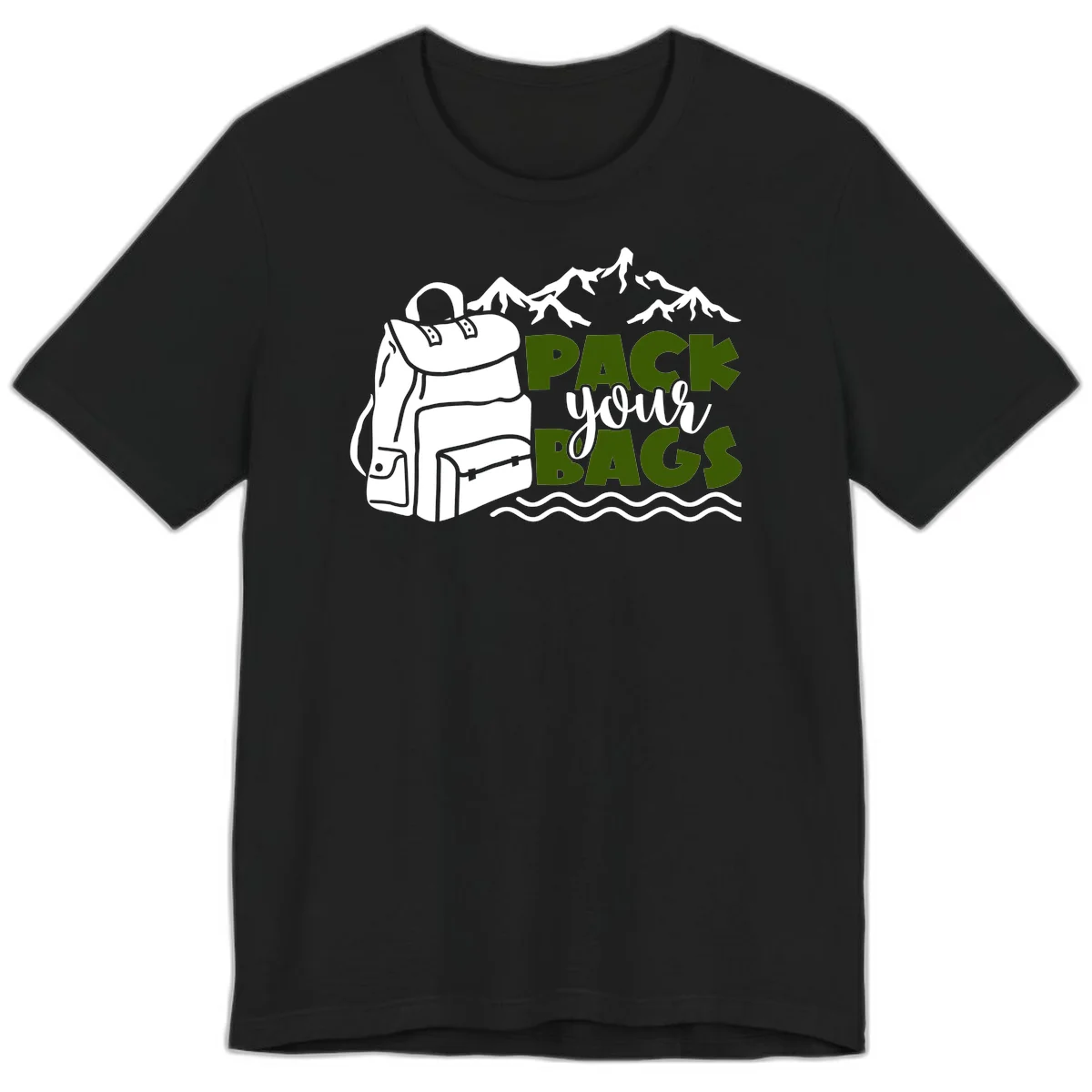 Hand-drawn backpack with snow-capped mountains and waves, green and white text reading 'Pack Your Bags' - camping adventure illustration in Black