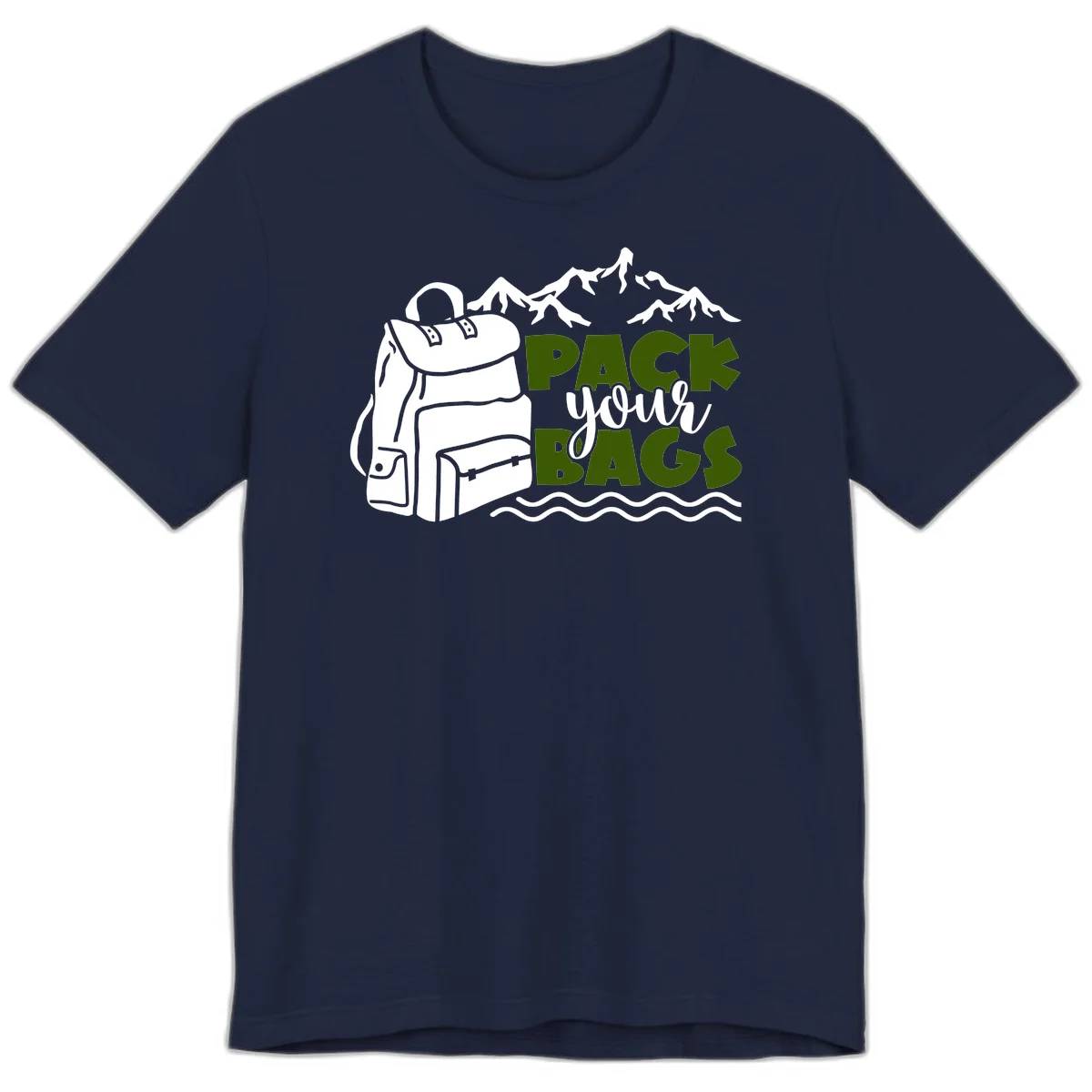 Hand-drawn backpack with snow-capped mountains and waves, green and white text reading 'Pack Your Bags' - camping adventure illustration in Navy