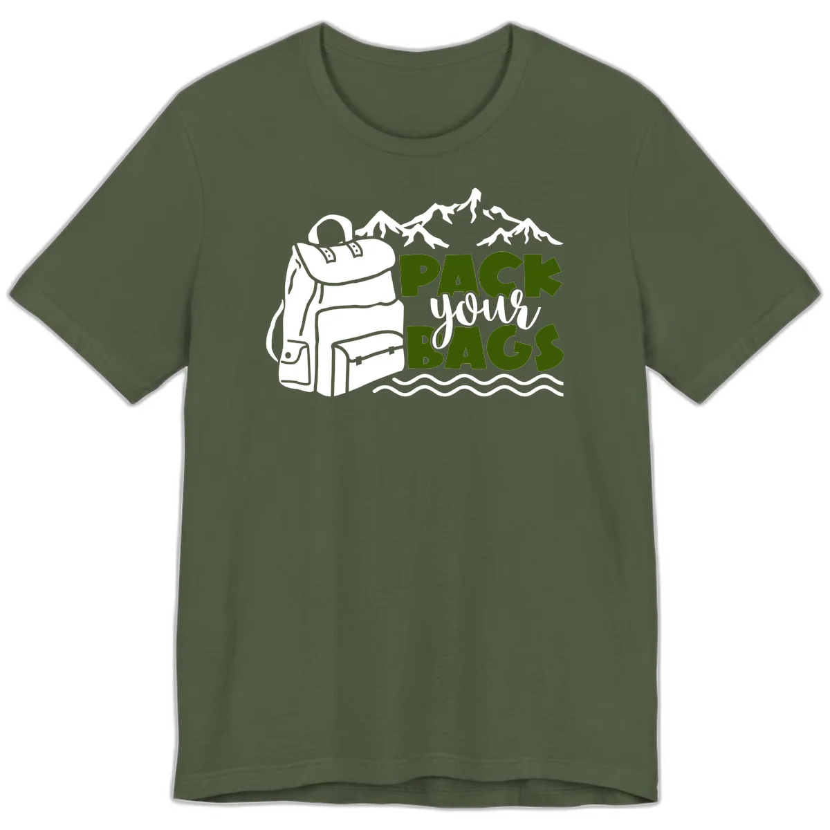 Hand-drawn backpack with snow-capped mountains and waves, green and white text reading 'Pack Your Bags' - camping adventure illustration in Military Green