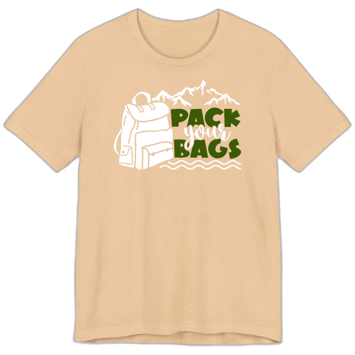 Hand-drawn backpack with snow-capped mountains and waves, green and white text reading 'Pack Your Bags' - camping adventure illustration in Sand Dune