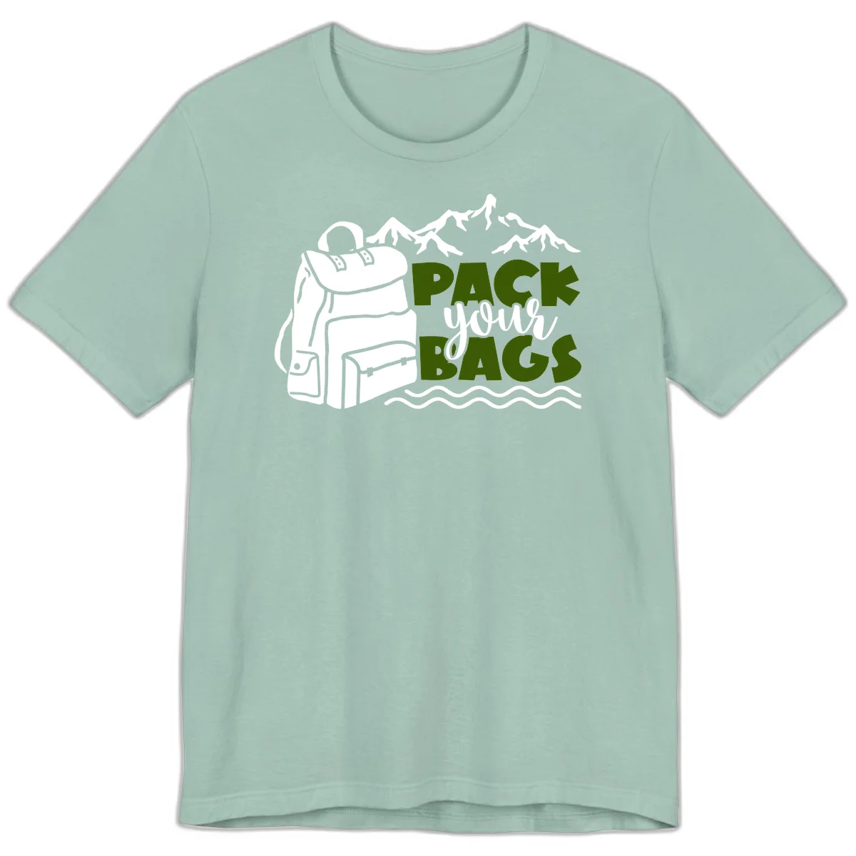 Hand-drawn backpack with snow-capped mountains and waves, green and white text reading 'Pack Your Bags' - camping adventure illustration in Dusty Blue