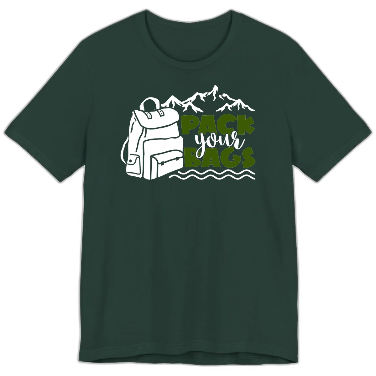 Hand-drawn backpack with snow-capped mountains and waves, green and white text reading 'Pack Your Bags' - camping adventure illustration in Forest