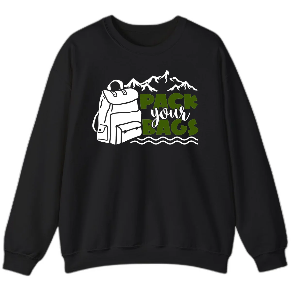 Hand-drawn backpack with snow-capped mountains and waves, green and white text reading 'Pack Your Bags' - camping adventure illustration in Black