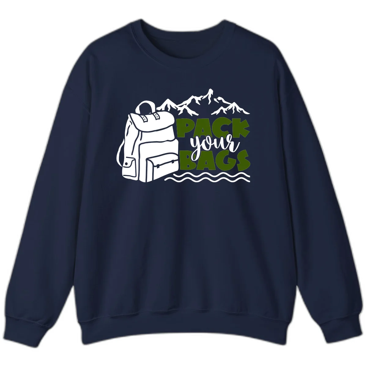 Hand-drawn backpack with snow-capped mountains and waves, green and white text reading 'Pack Your Bags' - camping adventure illustration in Navy