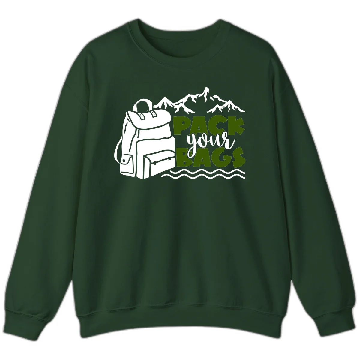 Hand-drawn backpack with snow-capped mountains and waves, green and white text reading 'Pack Your Bags' - camping adventure illustration in Forest Green