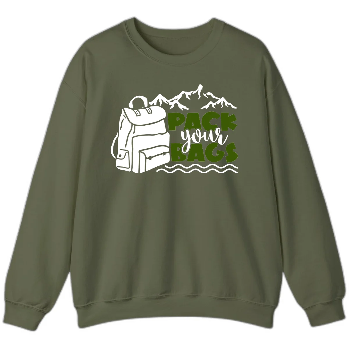 Hand-drawn backpack with snow-capped mountains and waves, green and white text reading 'Pack Your Bags' - camping adventure illustration in Military Green