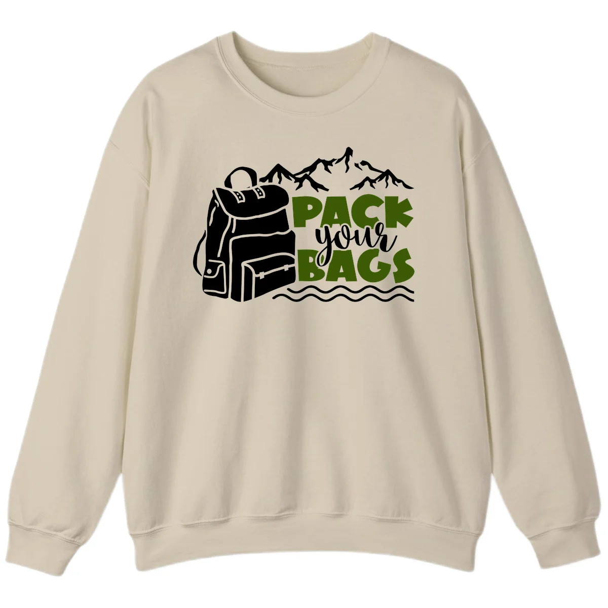 Hand-drawn backpack with snow-capped mountains and waves, green and white text reading 'Pack Your Bags' - camping adventure illustration in Sand