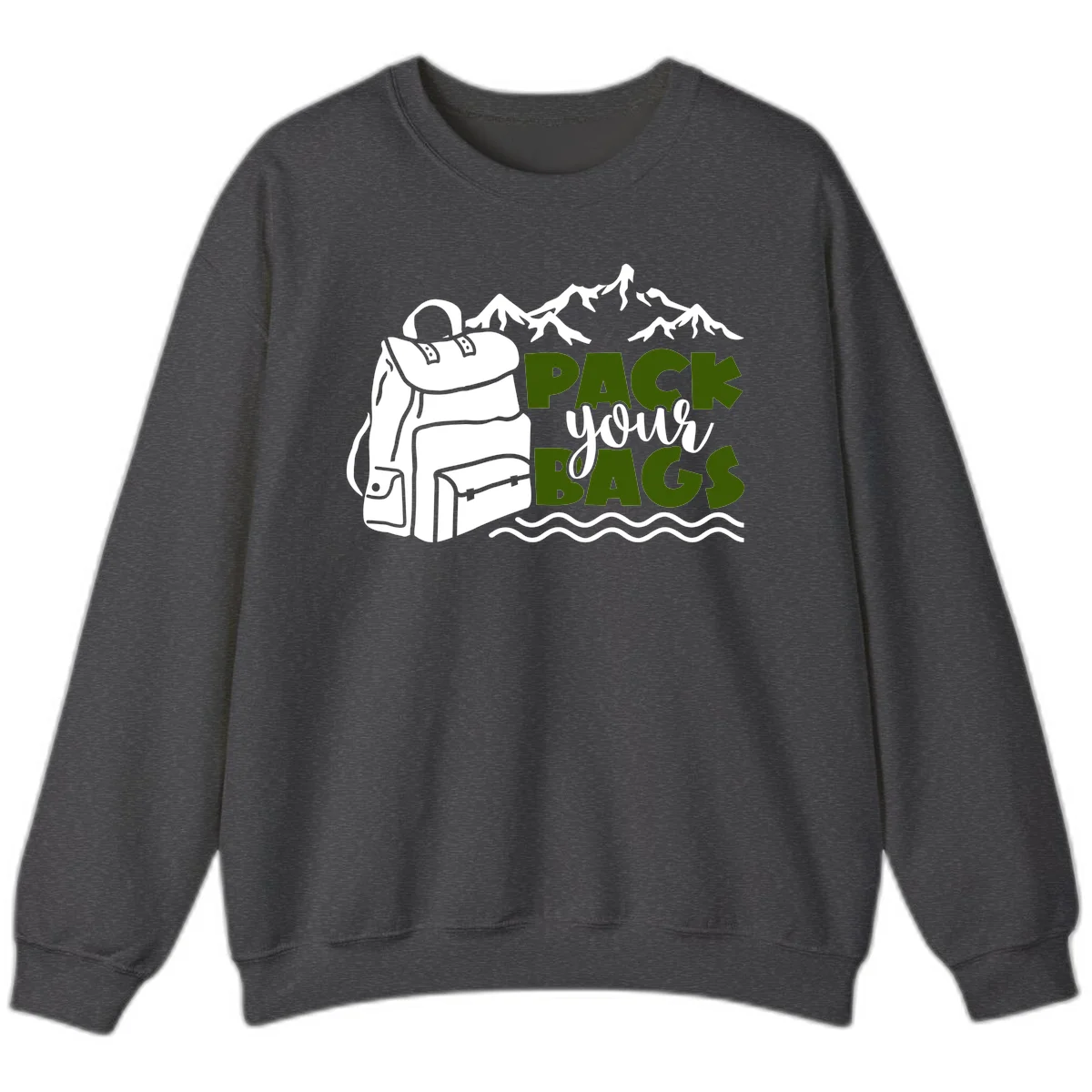 Hand-drawn backpack with snow-capped mountains and waves, green and white text reading 'Pack Your Bags' - camping adventure illustration in Dark Heather