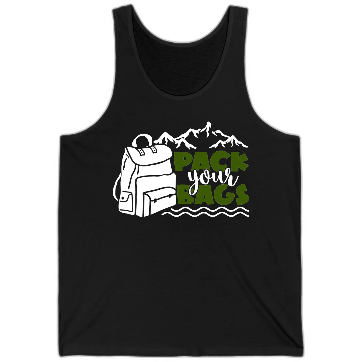 Hand-drawn backpack with snow-capped mountains and waves, green and white text reading 'Pack Your Bags' - camping adventure illustration in Black