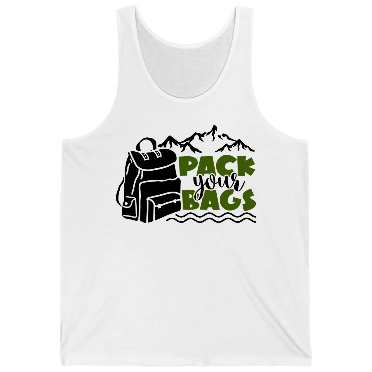 Hand-drawn backpack with snow-capped mountains and waves, green and white text reading 'Pack Your Bags' - camping adventure illustration in White
