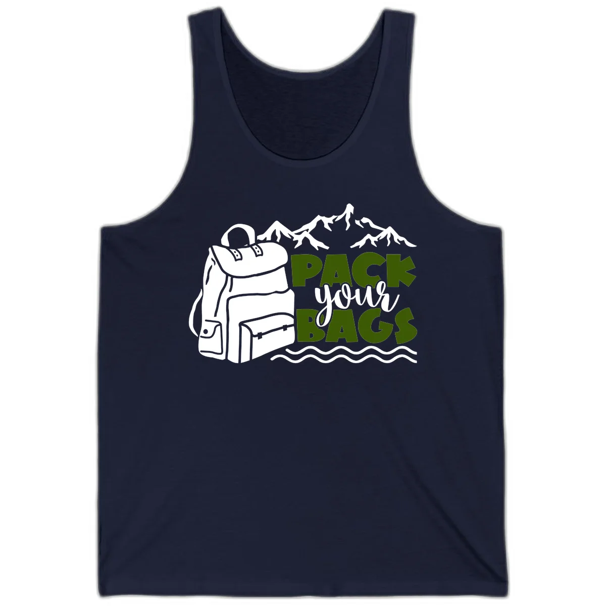 Hand-drawn backpack with snow-capped mountains and waves, green and white text reading 'Pack Your Bags' - camping adventure illustration in Navy