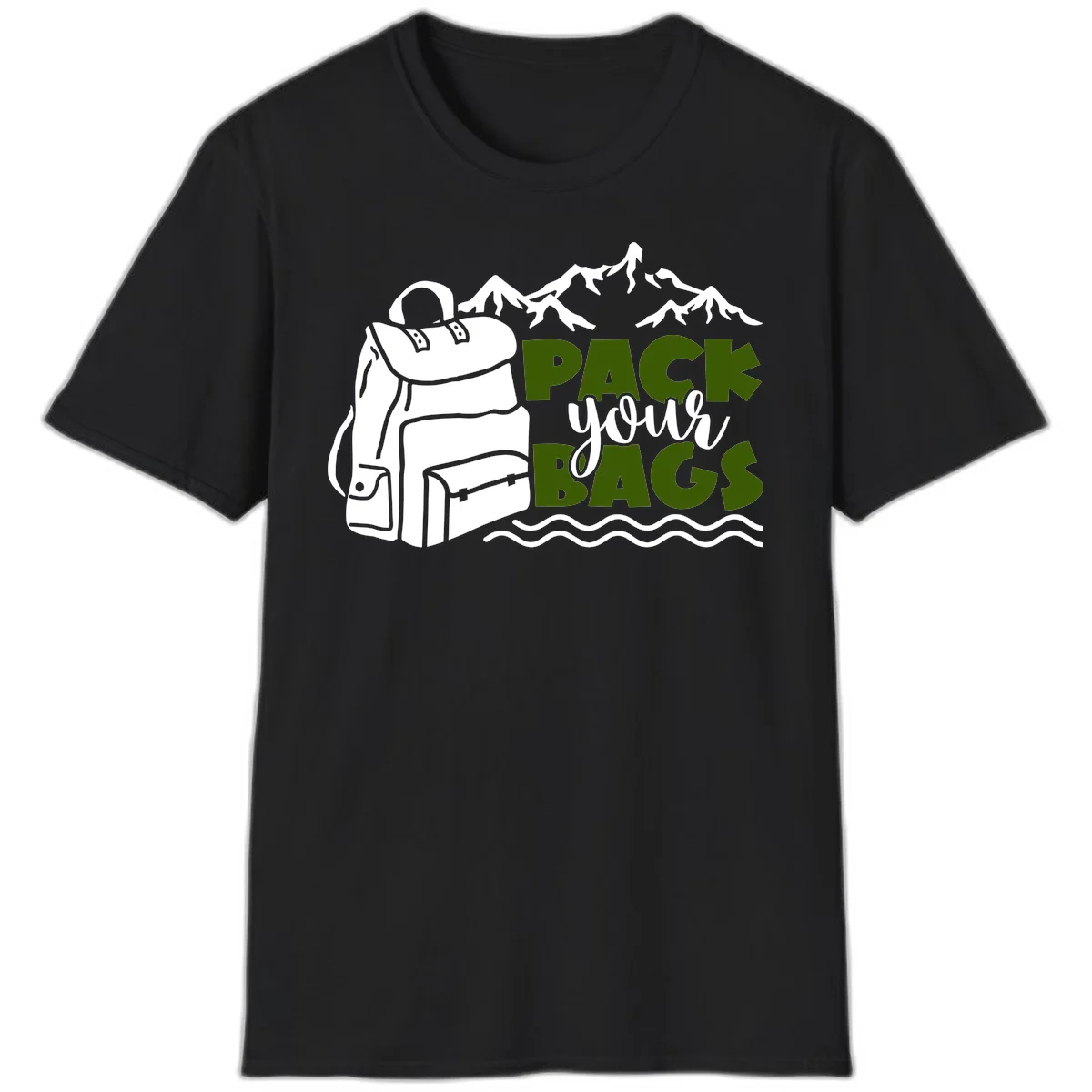 Hand-drawn backpack with snow-capped mountains and waves, green and white text reading 'Pack Your Bags' - camping adventure illustration in Black