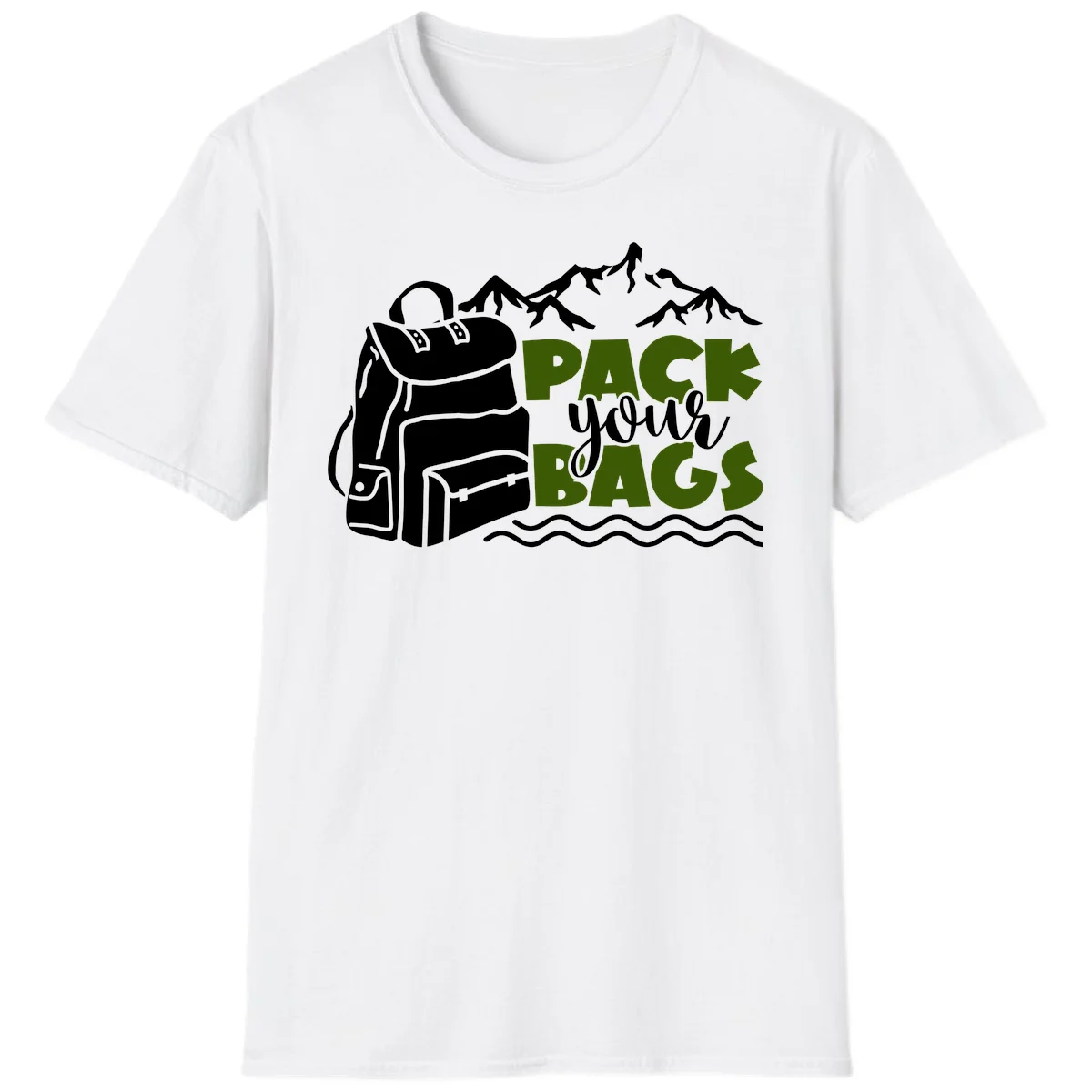Hand-drawn backpack with snow-capped mountains and waves, green and white text reading 'Pack Your Bags' - camping adventure illustration in White