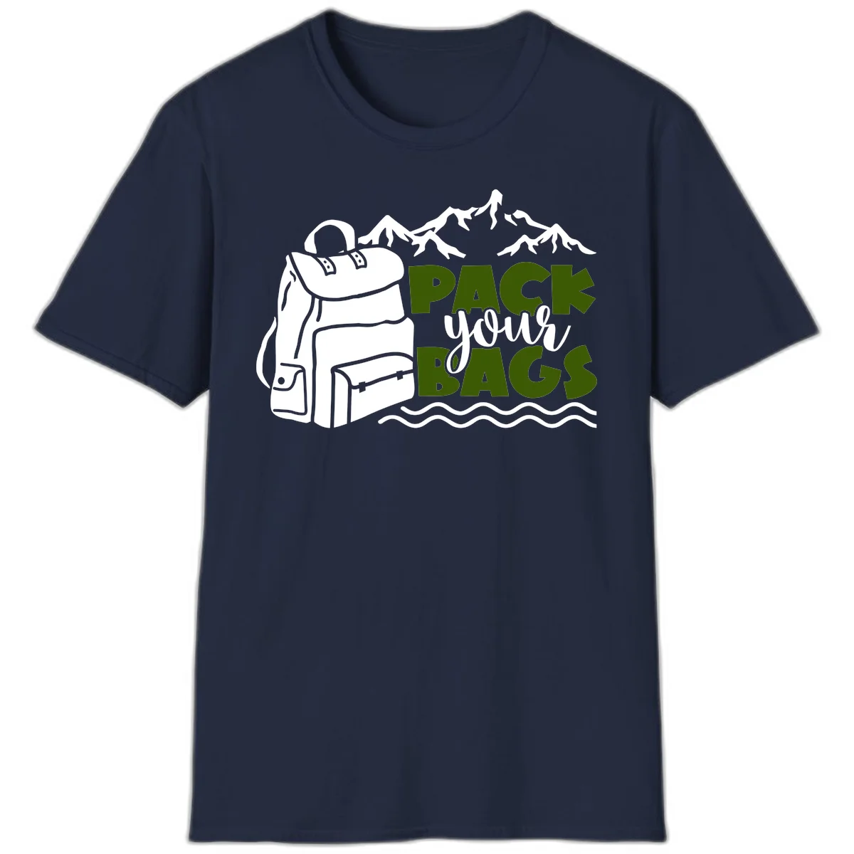 Hand-drawn backpack with snow-capped mountains and waves, green and white text reading 'Pack Your Bags' - camping adventure illustration in Navy