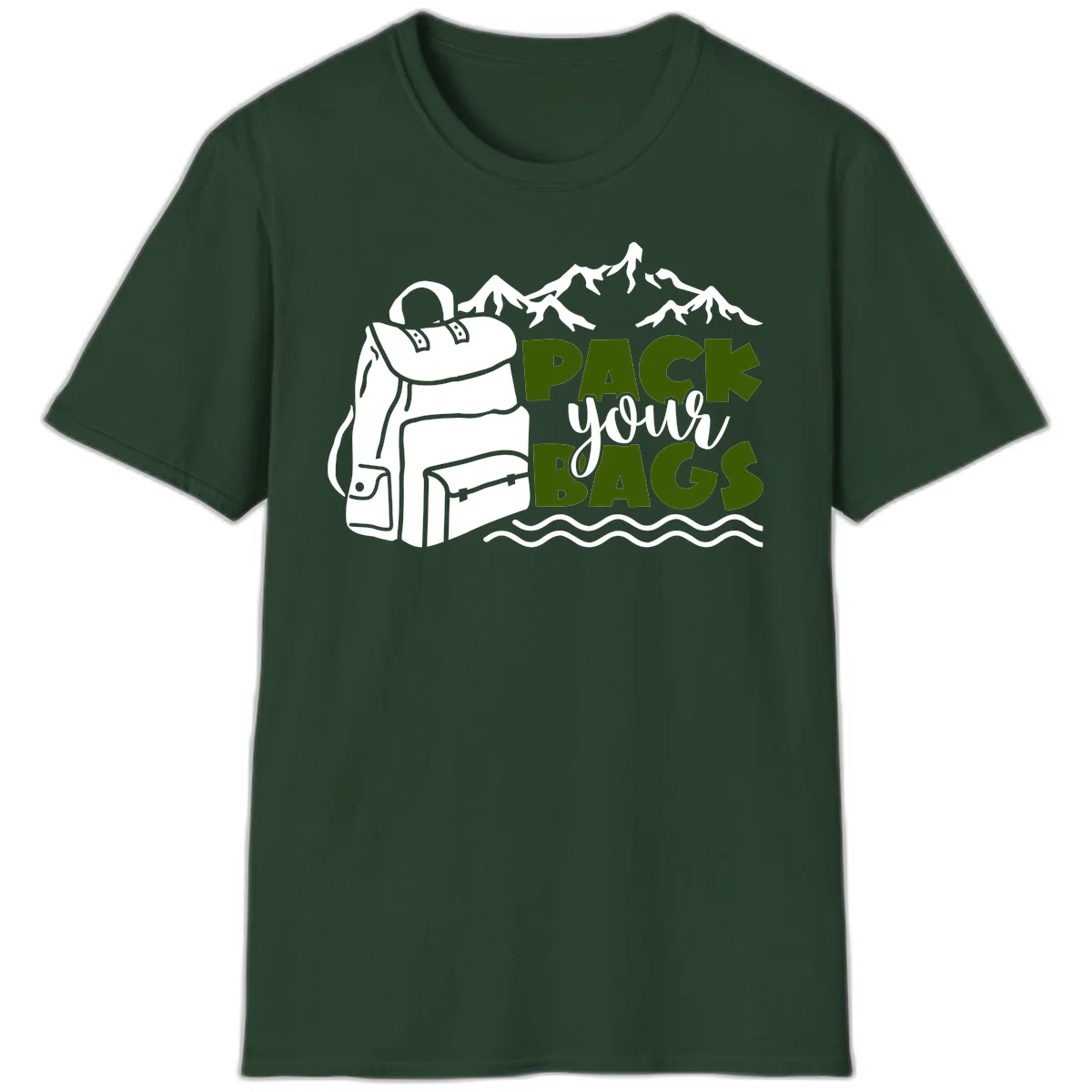 Hand-drawn backpack with snow-capped mountains and waves, green and white text reading 'Pack Your Bags' - camping adventure illustration in Forest Green