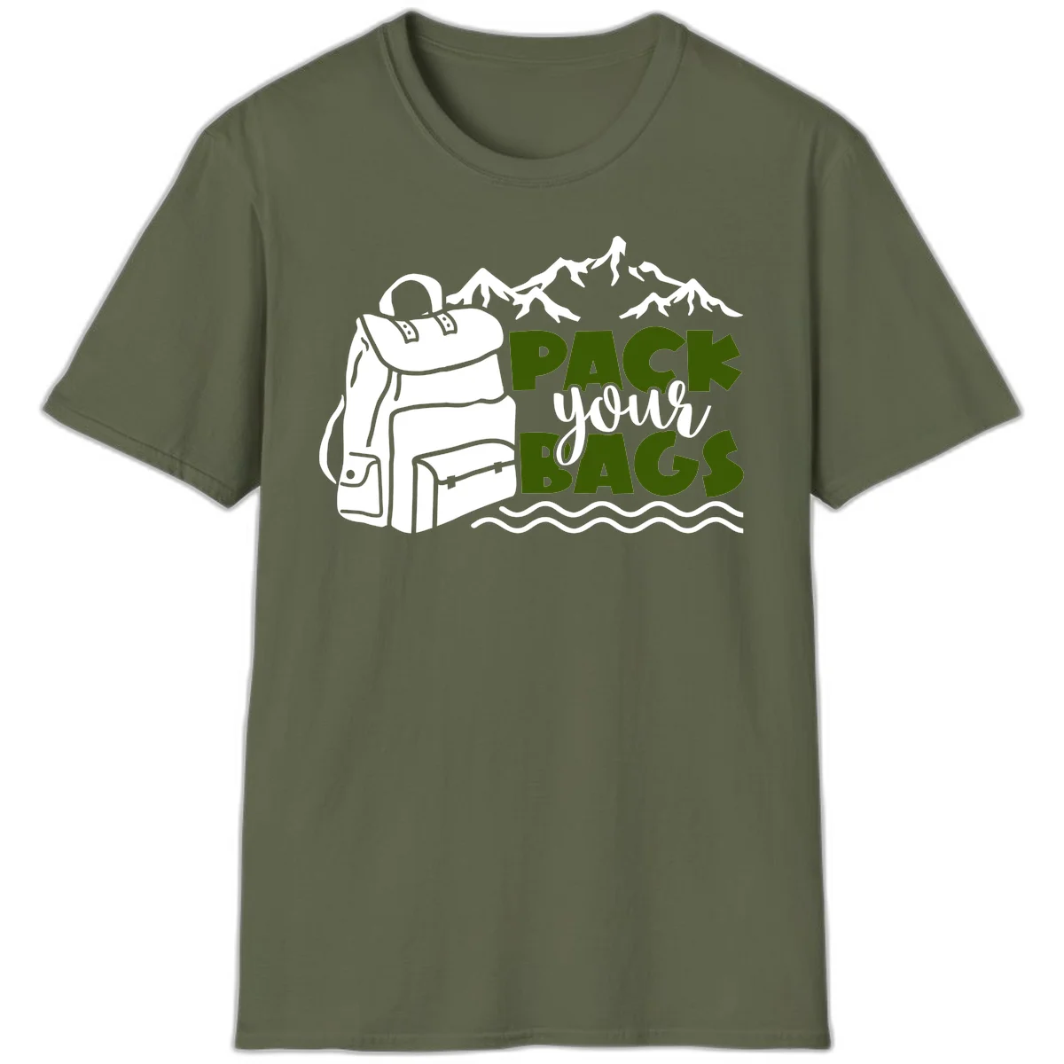 Hand-drawn backpack with snow-capped mountains and waves, green and white text reading 'Pack Your Bags' - camping adventure illustration in Military Green