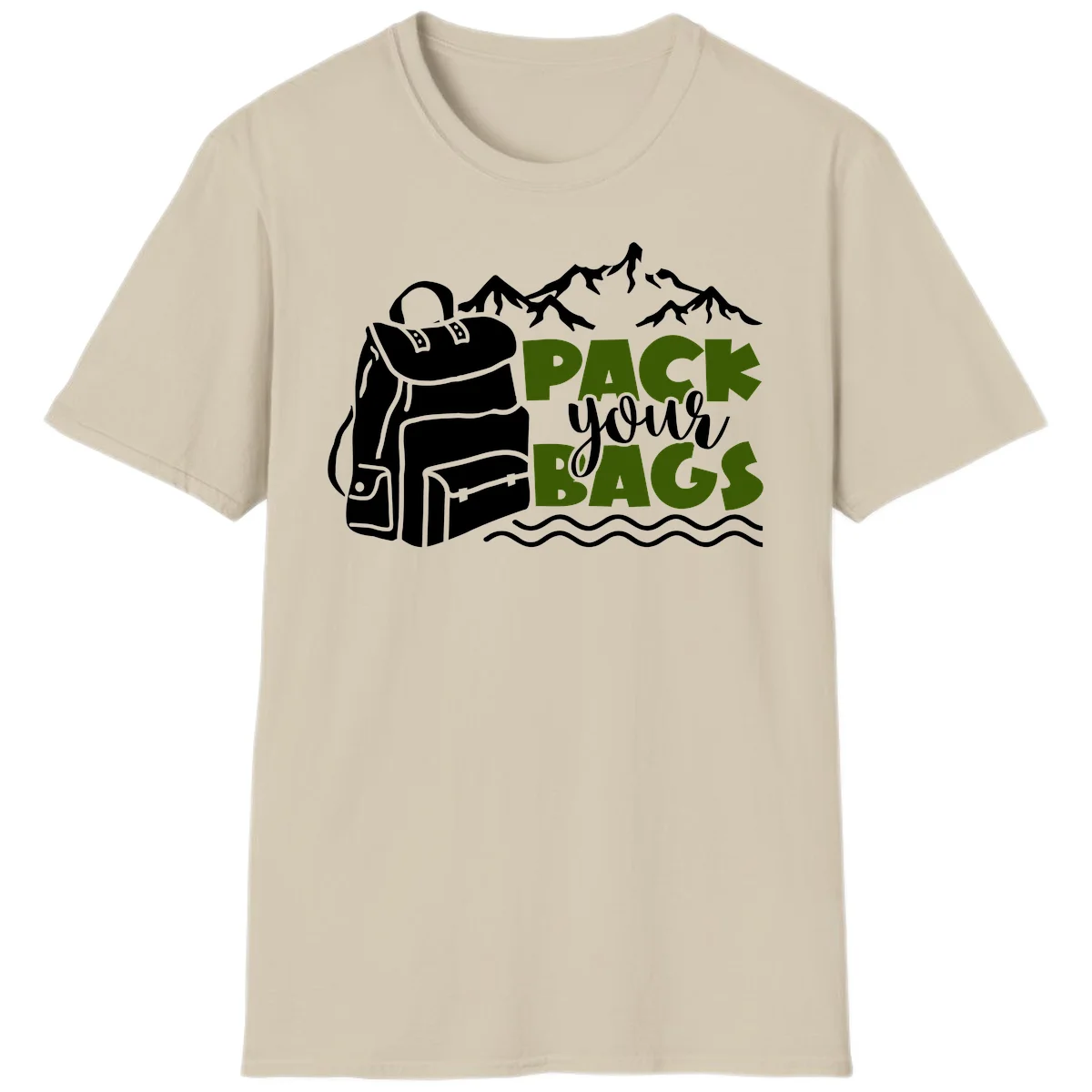 Hand-drawn backpack with snow-capped mountains and waves, green and white text reading 'Pack Your Bags' - camping adventure illustration in Sand