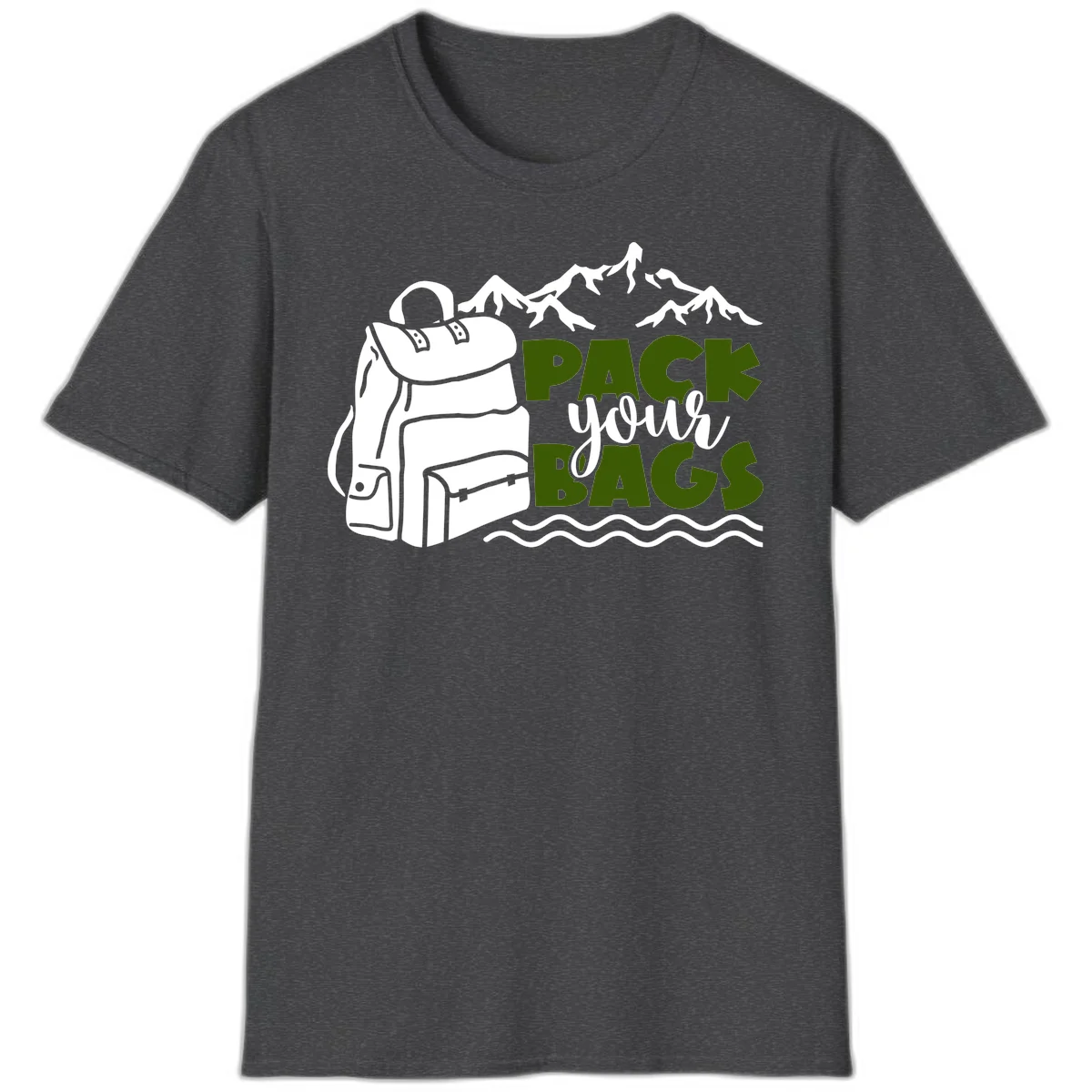 Hand-drawn backpack with snow-capped mountains and waves, green and white text reading 'Pack Your Bags' - camping adventure illustration in Dark Heather
