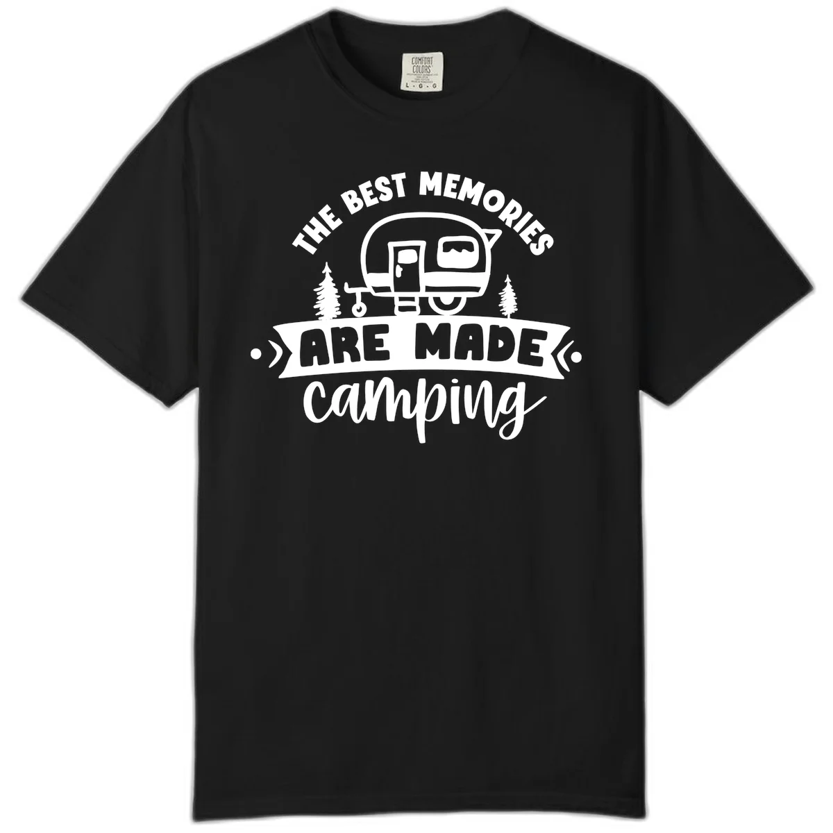 Vintage badge design with classic travel trailer, pine trees, and text reading 'The Best Memories Are Made Camping' in retro style. in Black