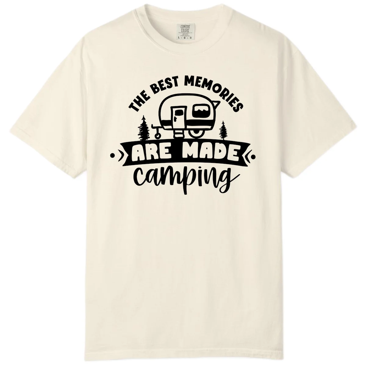 Vintage badge design with classic travel trailer, pine trees, and text reading 'The Best Memories Are Made Camping' in retro style. in Ivory