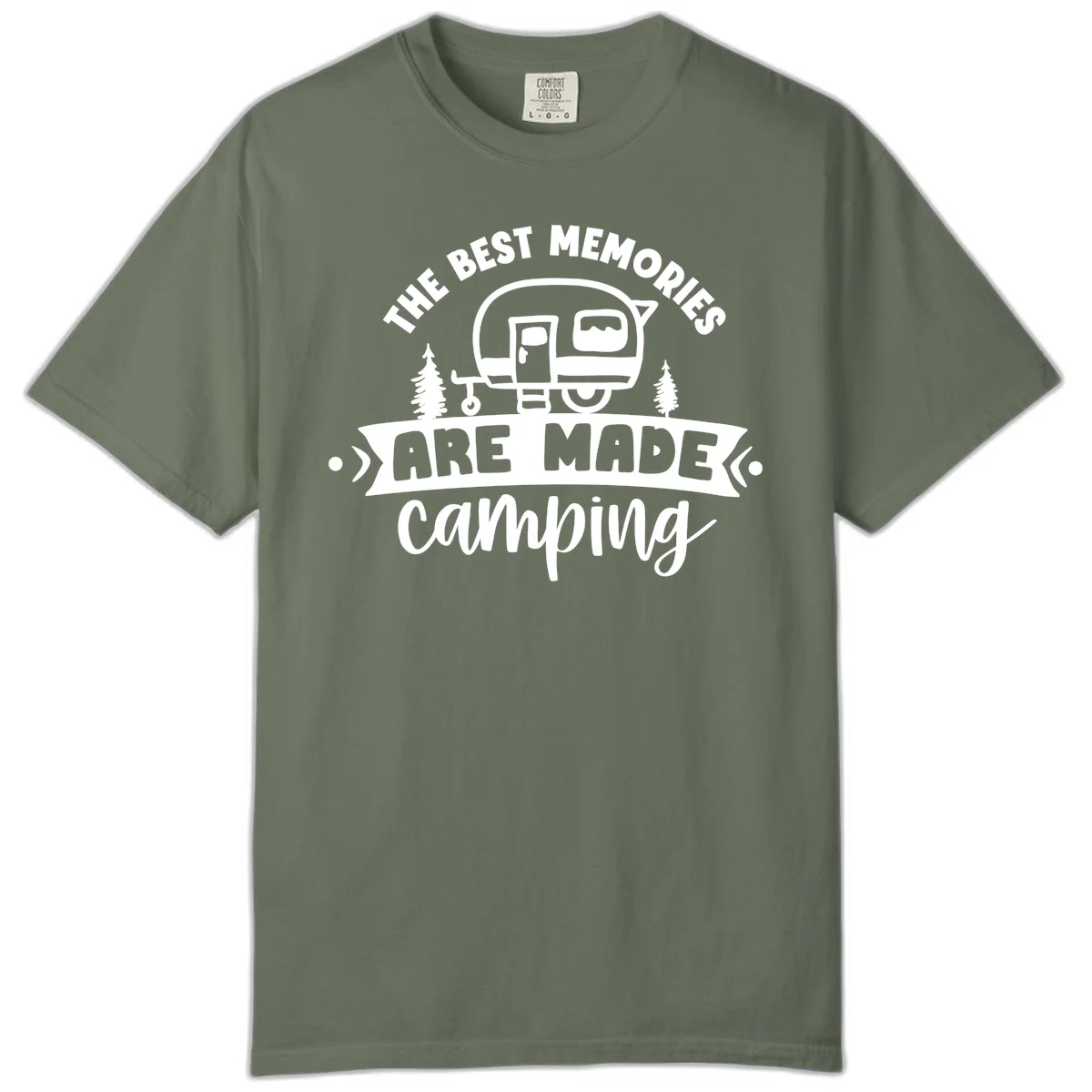 Vintage badge design with classic travel trailer, pine trees, and text reading 'The Best Memories Are Made Camping' in retro style. in Moss