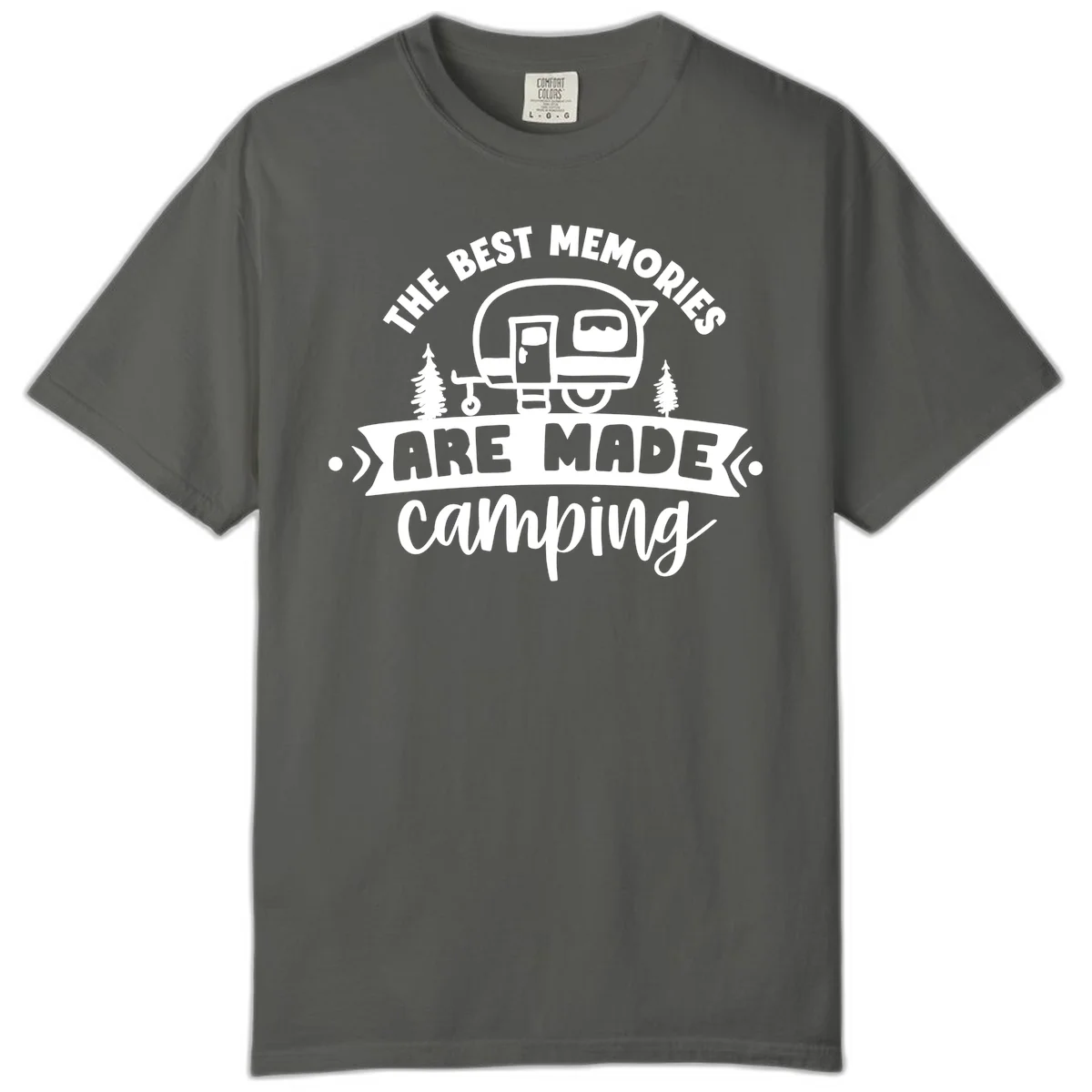 Vintage badge design with classic travel trailer, pine trees, and text reading 'The Best Memories Are Made Camping' in retro style. in Pepper