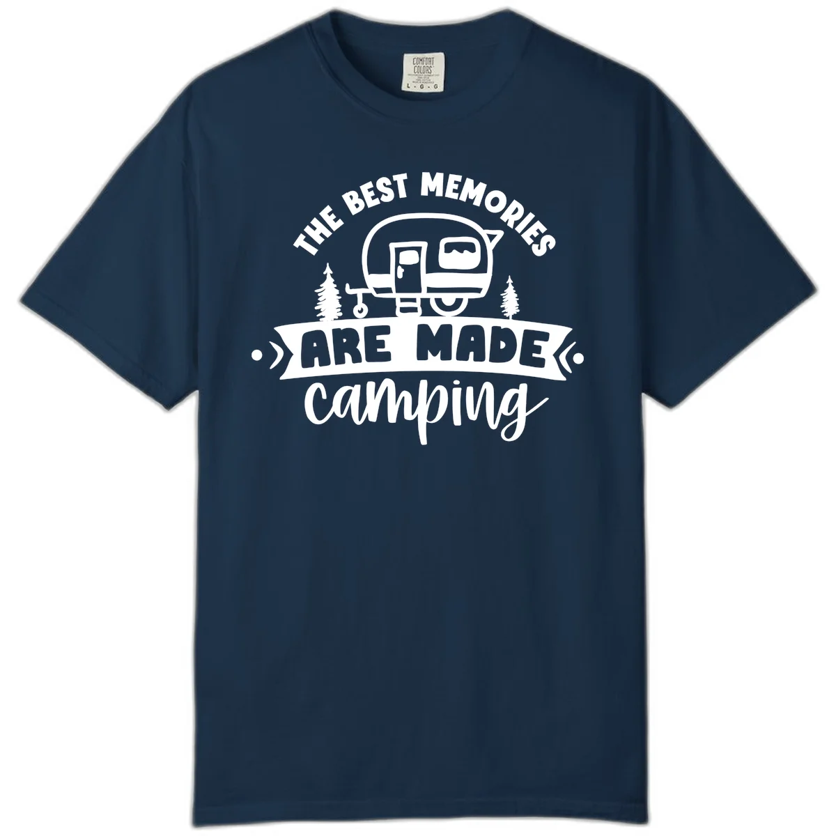 Vintage badge design with classic travel trailer, pine trees, and text reading 'The Best Memories Are Made Camping' in retro style. in True Navy