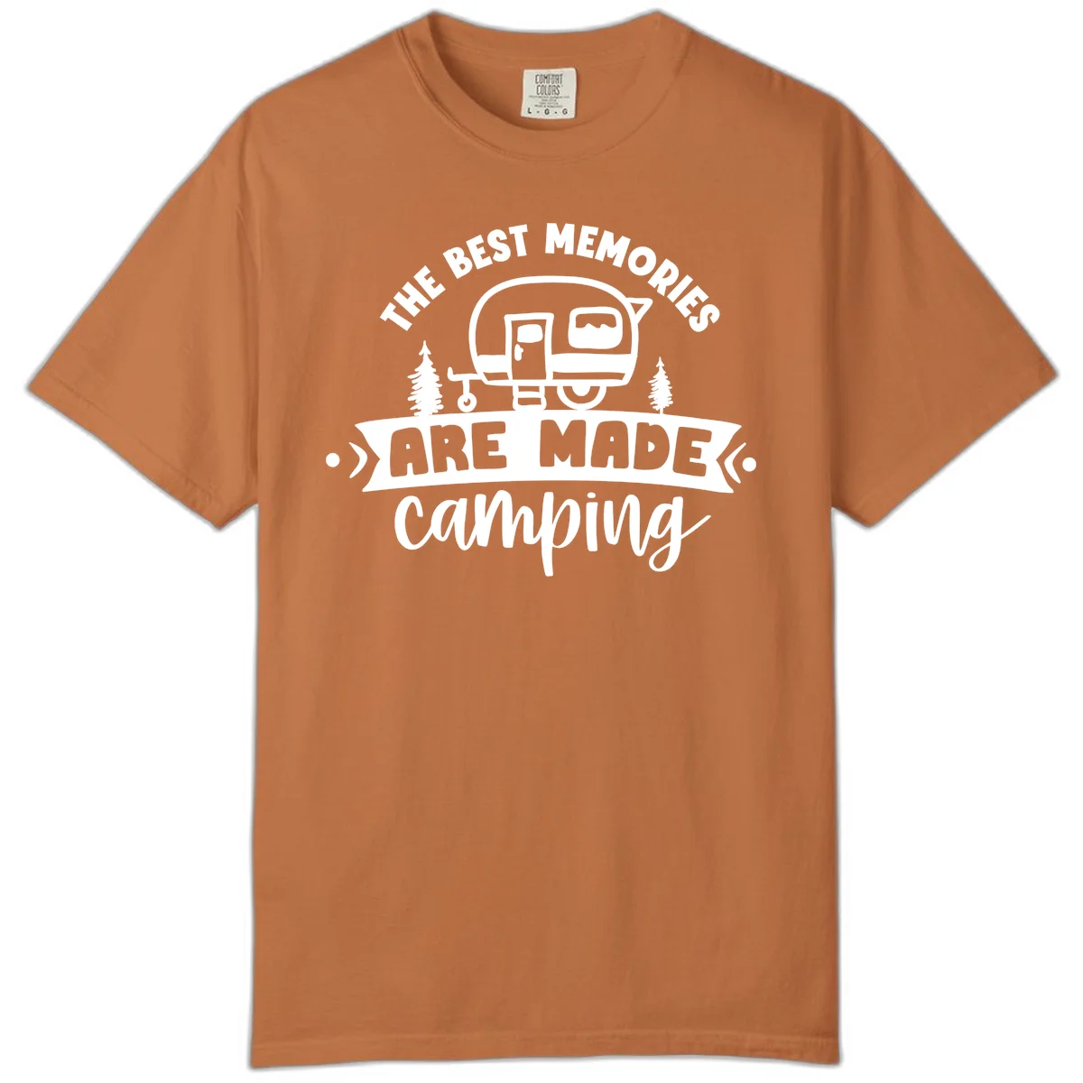 Vintage badge design with classic travel trailer, pine trees, and text reading 'The Best Memories Are Made Camping' in retro style. in Yam