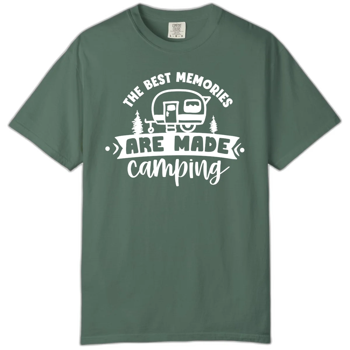 Vintage badge design with classic travel trailer, pine trees, and text reading 'The Best Memories Are Made Camping' in retro style. in Blue Spruce