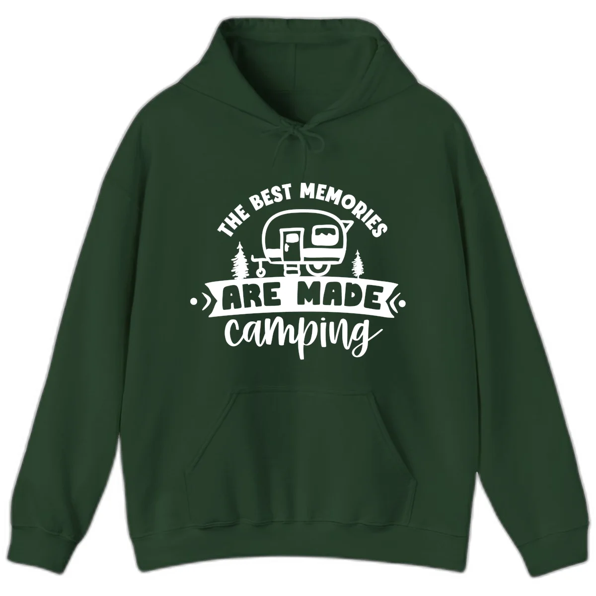 Vintage badge design with classic travel trailer, pine trees, and text reading 'The Best Memories Are Made Camping' in retro style. in Forest Green