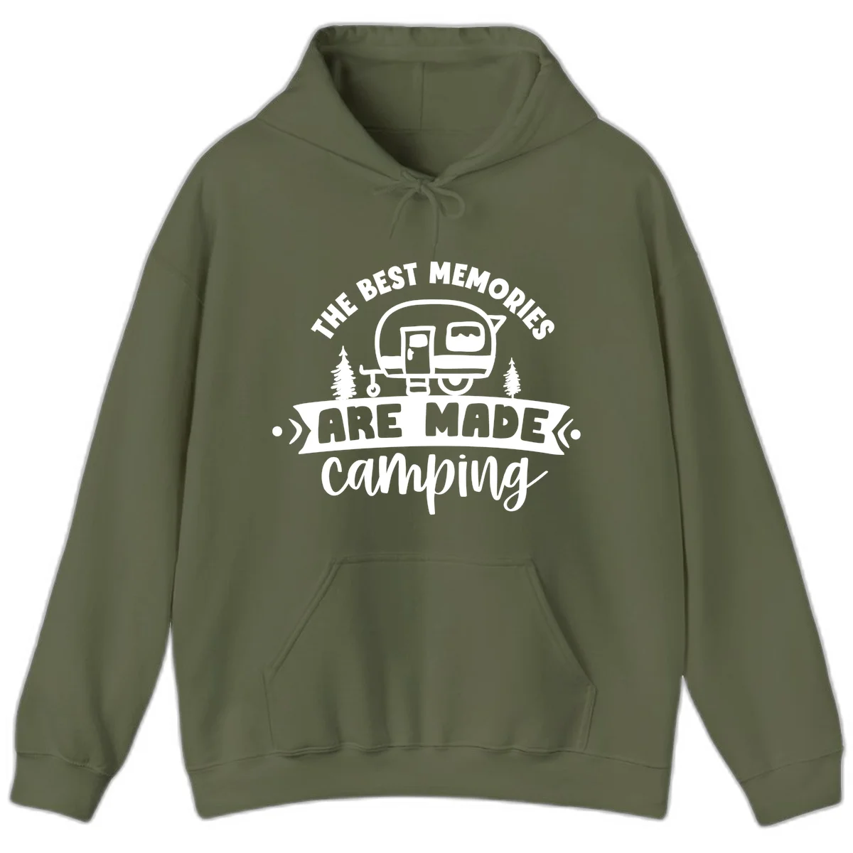 Vintage badge design with classic travel trailer, pine trees, and text reading 'The Best Memories Are Made Camping' in retro style. in Military Green
