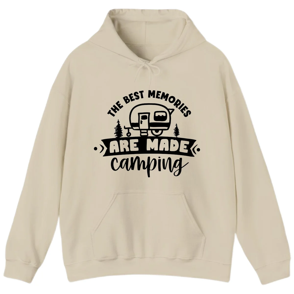 Vintage badge design with classic travel trailer, pine trees, and text reading 'The Best Memories Are Made Camping' in retro style. in Sand