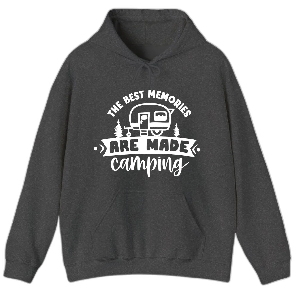 Vintage badge design with classic travel trailer, pine trees, and text reading 'The Best Memories Are Made Camping' in retro style. in Dark Heather