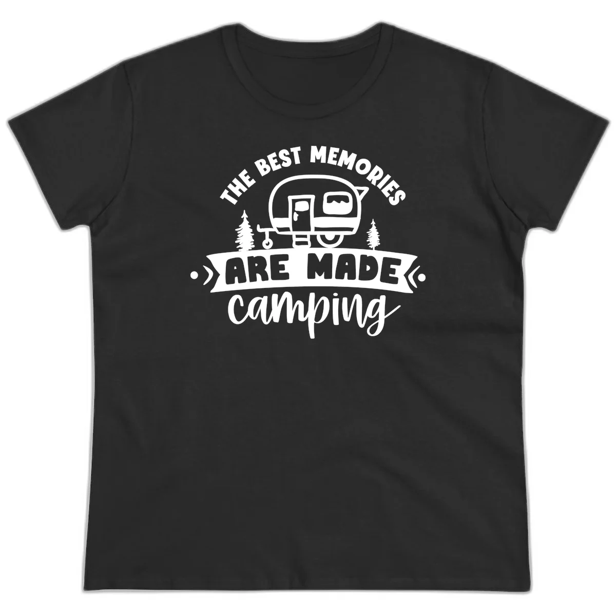 Vintage badge design with classic travel trailer, pine trees, and text reading 'The Best Memories Are Made Camping' in retro style. in Black
