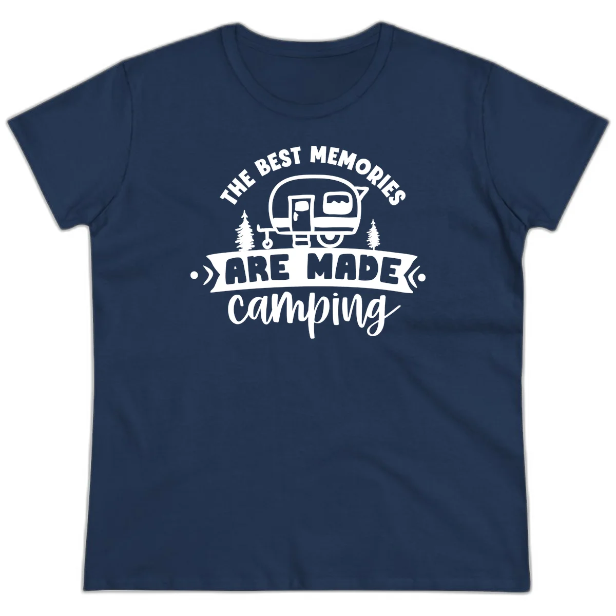 Vintage badge design with classic travel trailer, pine trees, and text reading 'The Best Memories Are Made Camping' in retro style. in Navy
