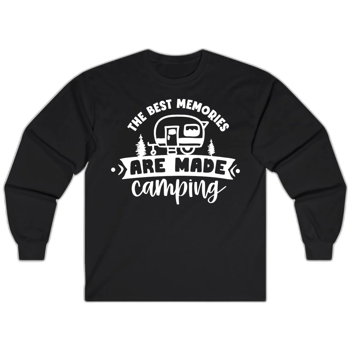 Vintage badge design with classic travel trailer, pine trees, and text reading 'The Best Memories Are Made Camping' in retro style. in Black