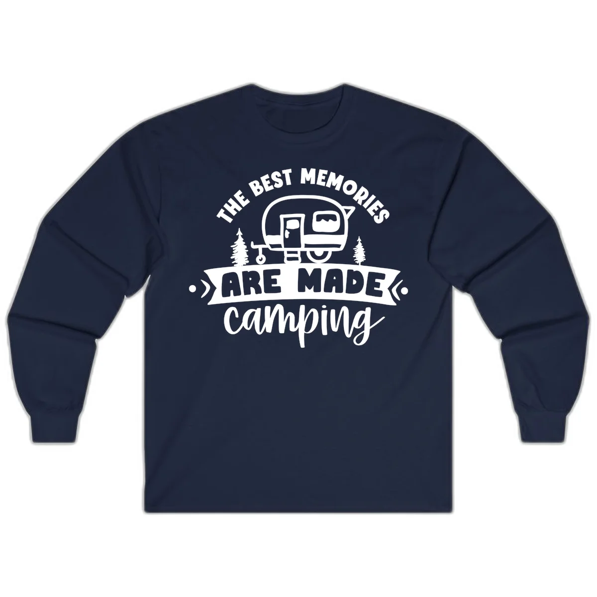Vintage badge design with classic travel trailer, pine trees, and text reading 'The Best Memories Are Made Camping' in retro style. in Navy