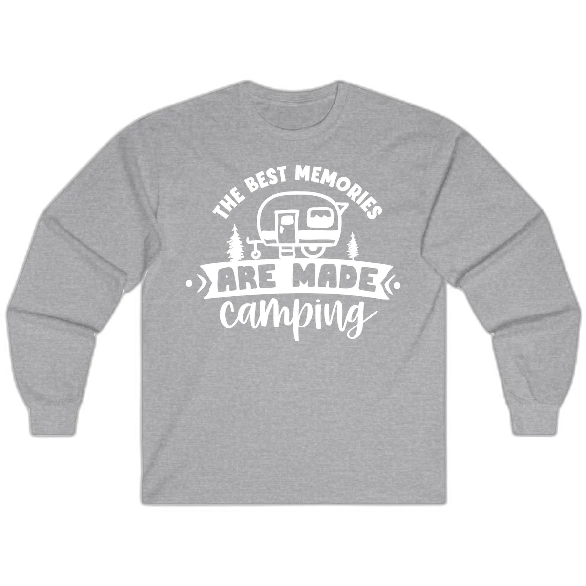 Vintage badge design with classic travel trailer, pine trees, and text reading 'The Best Memories Are Made Camping' in retro style. in Sport Grey
