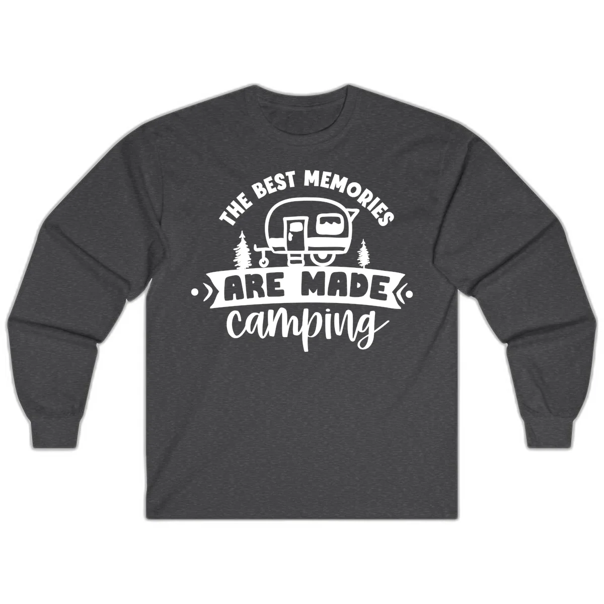 Vintage badge design with classic travel trailer, pine trees, and text reading 'The Best Memories Are Made Camping' in retro style. in Dark Heather