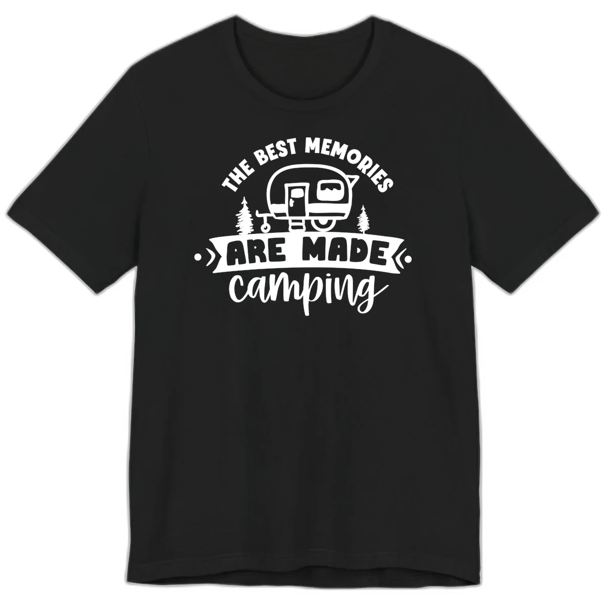 Vintage badge design with classic travel trailer, pine trees, and text reading 'The Best Memories Are Made Camping' in retro style. in Black