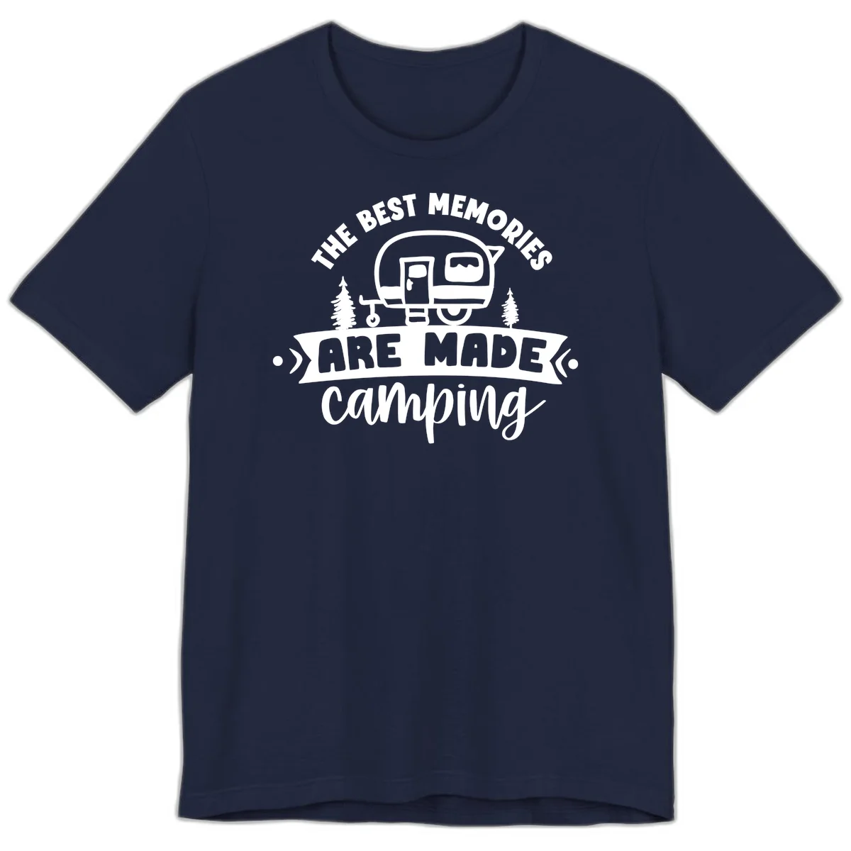 Vintage badge design with classic travel trailer, pine trees, and text reading 'The Best Memories Are Made Camping' in retro style. in Navy