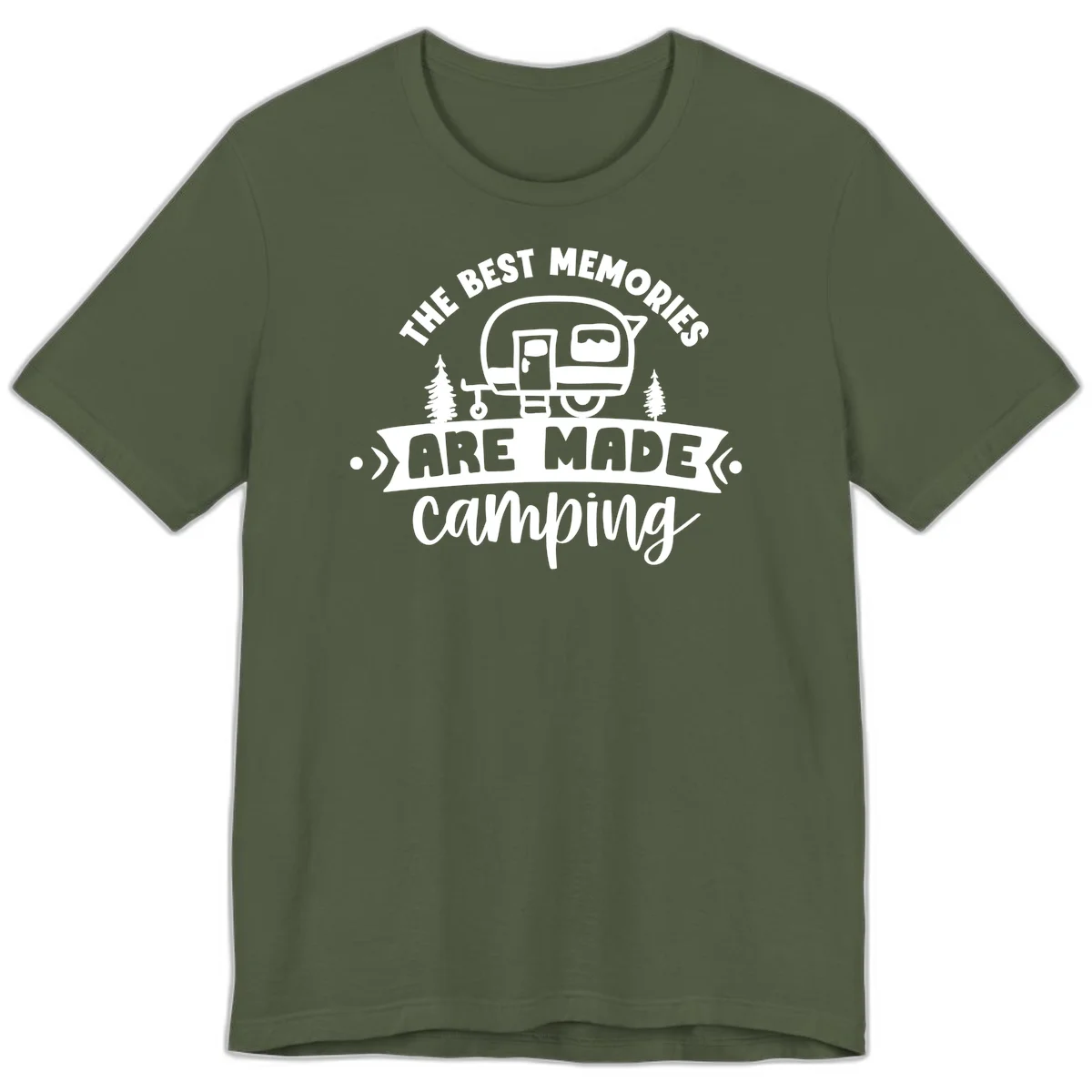 Vintage badge design with classic travel trailer, pine trees, and text reading 'The Best Memories Are Made Camping' in retro style. in Military Green