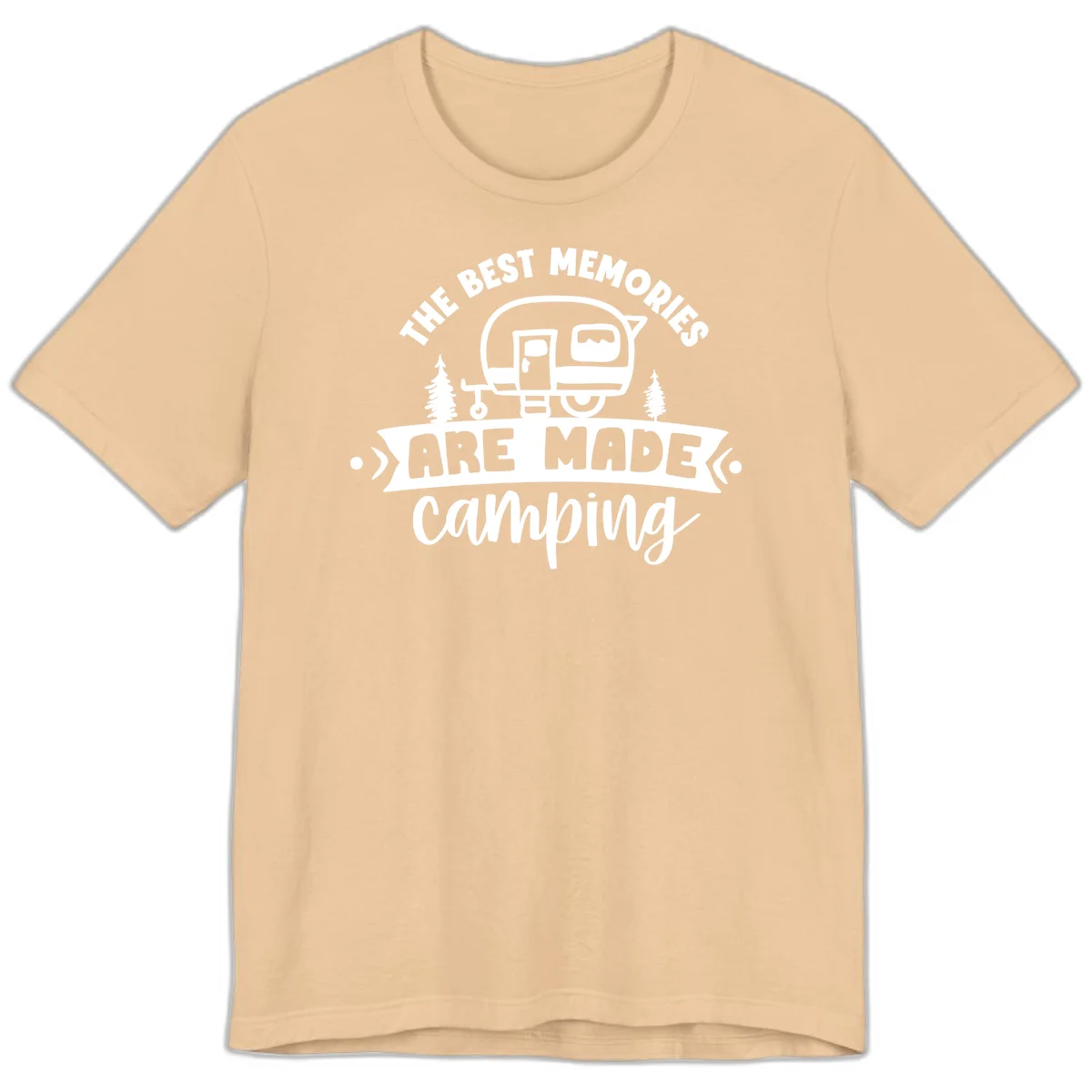 Vintage badge design with classic travel trailer, pine trees, and text reading 'The Best Memories Are Made Camping' in retro style. in Sand Dune
