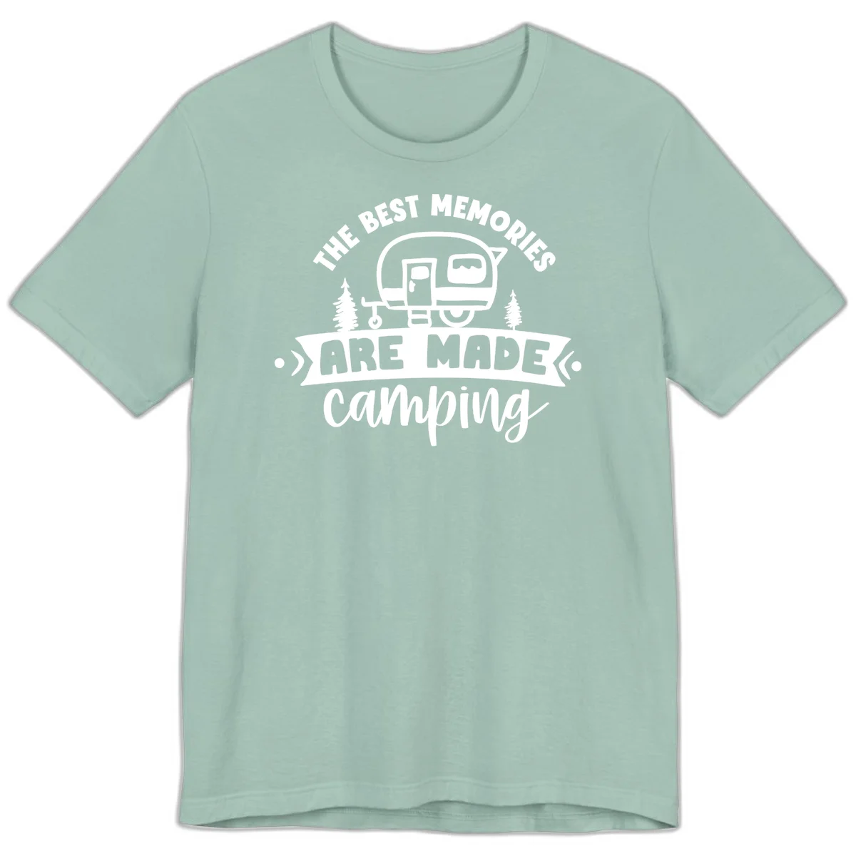 Vintage badge design with classic travel trailer, pine trees, and text reading 'The Best Memories Are Made Camping' in retro style. in Dusty Blue