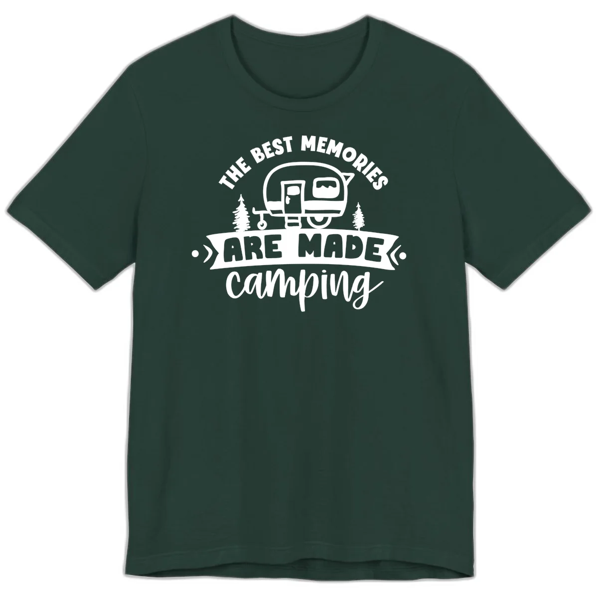 Vintage badge design with classic travel trailer, pine trees, and text reading 'The Best Memories Are Made Camping' in retro style. in Forest
